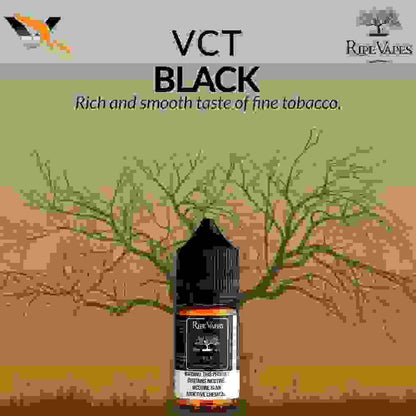 Ripe Vapes VCT Black Nic Salt e-liquid bottle on illustrated background, highlighting rich and smooth fine tobacco flavor for vape users.
