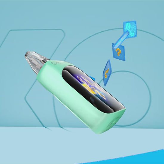 Floating mint green Caliburn G4 Pro KOKO Pod System Kit with animated icons, showcasing smart features and futuristic vape design.