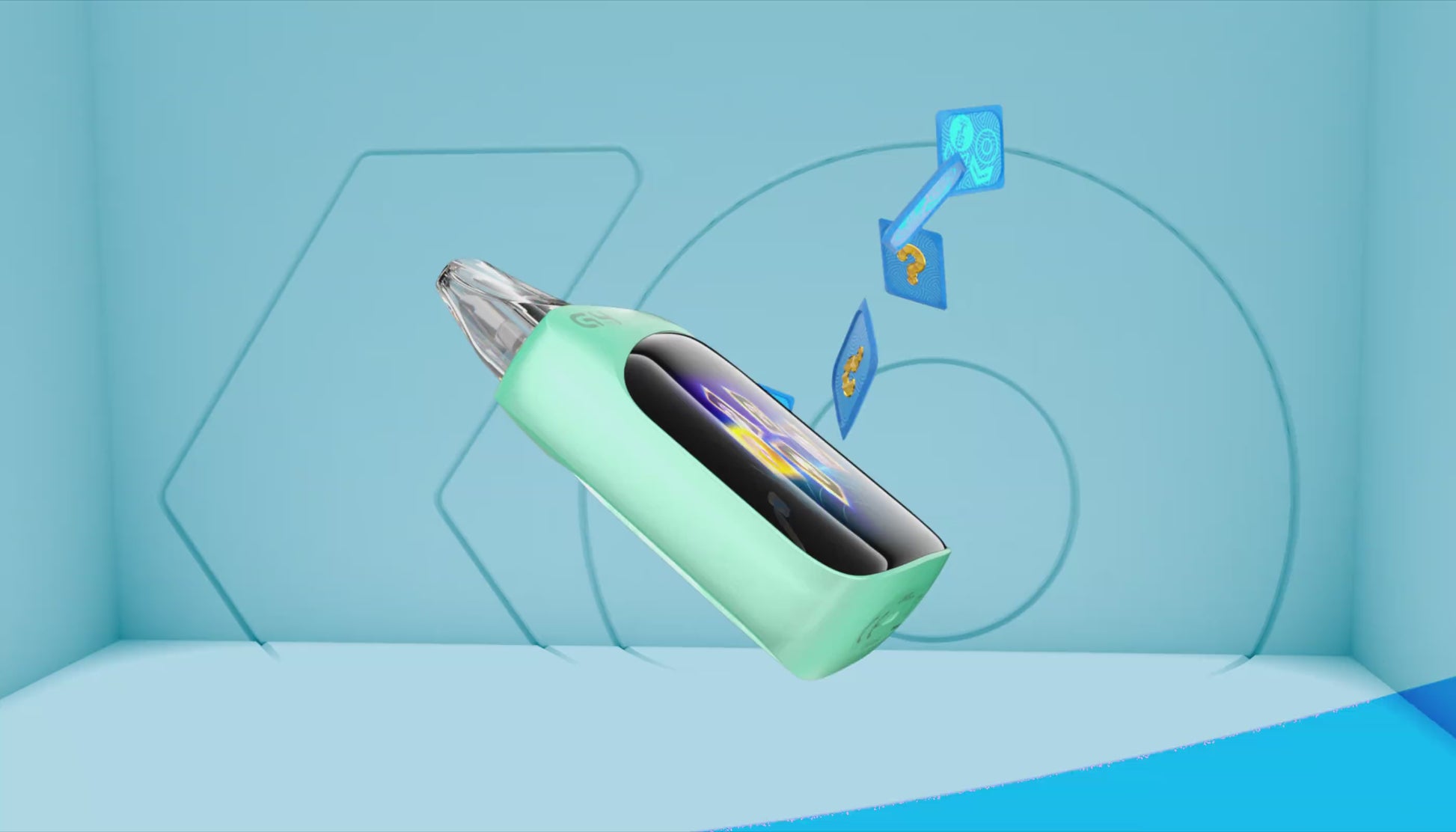 Floating mint green Caliburn G4 Pro KOKO Pod System Kit with animated icons, showcasing smart features and futuristic vape design.