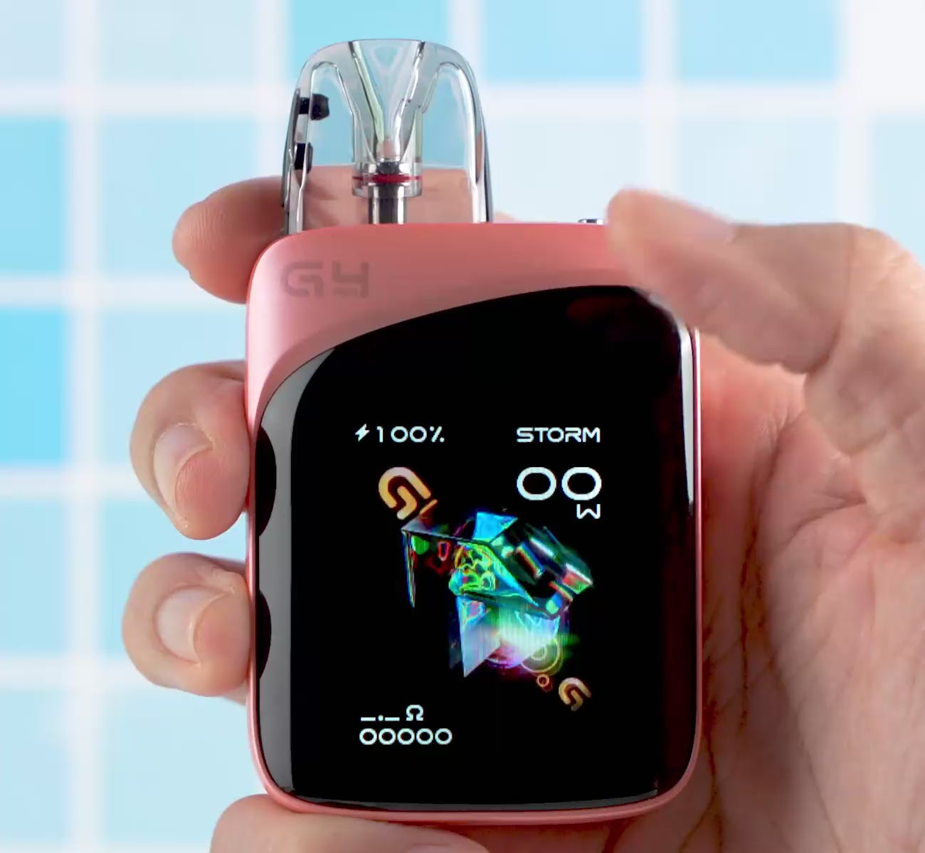 Close-up of Caliburn G4 Pro KOKO Pod System Kit showing vibrant display screen with wattage and mode settings for advanced vape customization.