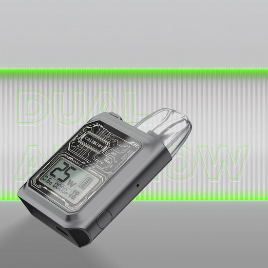 Uwell Caliburn GK3 25W Pod Kit System in silver with dual airflow system, featuring a transparent case and digital display for vaping control.