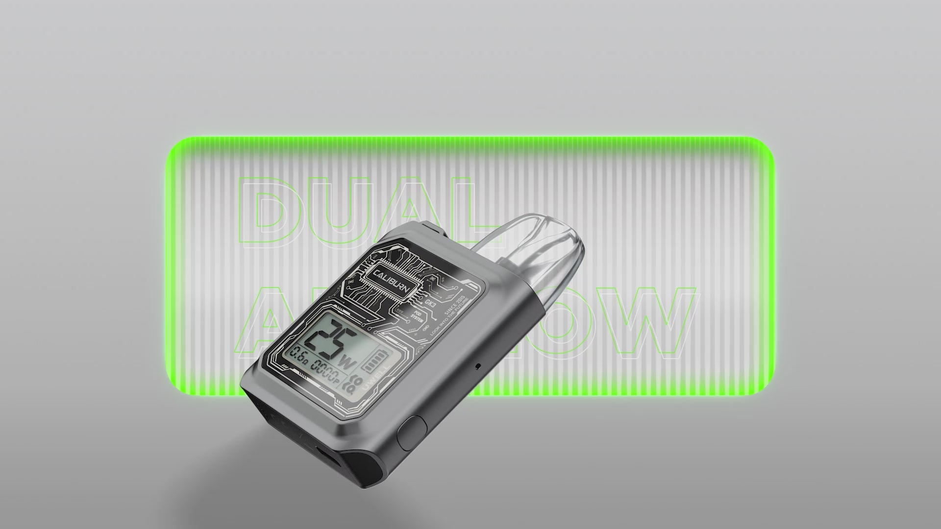 Uwell Caliburn GK3 25W Pod Kit System in silver with dual airflow system, featuring a transparent case and digital display for vaping control.